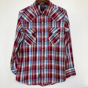 High Noon Plaid Western Medium Long Sleeve Pearl Snap Shirt VTG
